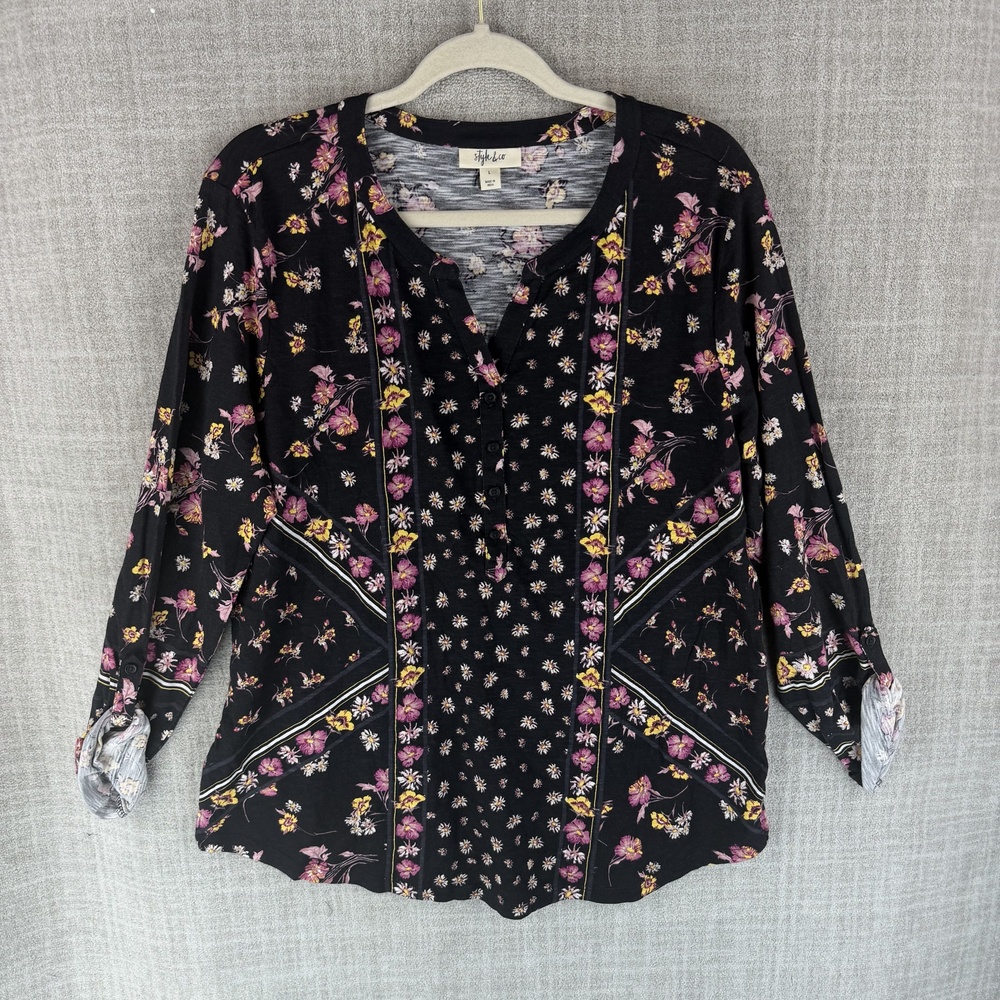 Style & Co. Blouse Womens L Black Tunic V-Neck Roll Tab Sleeve Jersey Hawaiian